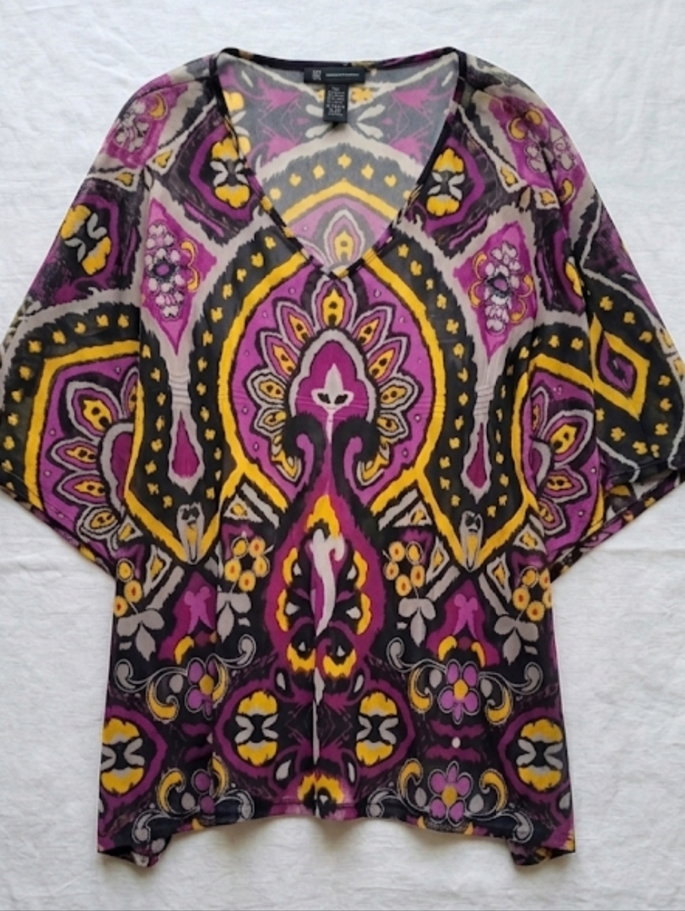 VTG INC Y2K Sheer Blouse Top XL Purple Black V Neck Butterfly Sleeve Fairy Vamp